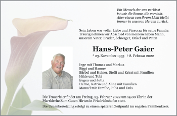 Anzeige von Hans-Peter Gaier von Schwäbische Zeitung