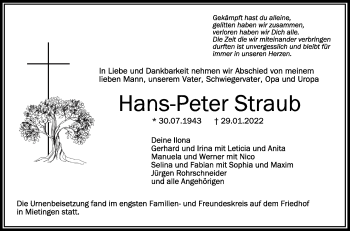 Anzeige von Hans-Peter Straub von Schwäbische Zeitung