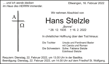 Anzeige von Hans Stelzle von Schwäbische Zeitung