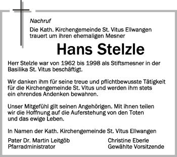 Anzeige von Hans Stelzle von Schwäbische Zeitung