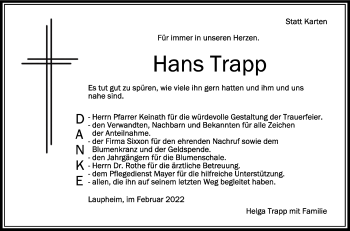 Anzeige von Hans Trapp von Schwäbische Zeitung