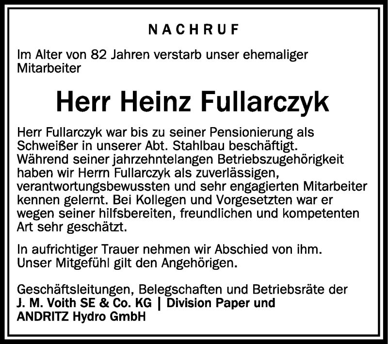  Traueranzeige für Heinz Fullarczyk vom 05.02.2022 aus Schwäbische Zeitung