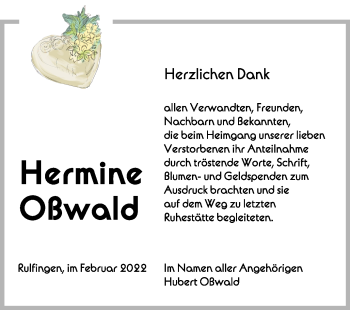 Anzeige von Hermine Oßwald von Schwäbische Zeitung