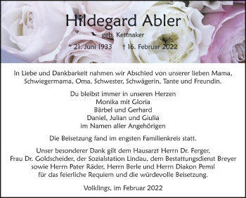 Anzeige von Hildegard Abler von Schwäbische Zeitung