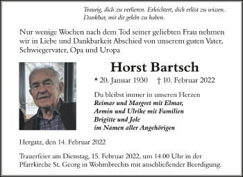 Anzeige von Horst Bartsch von Schwäbische Zeitung