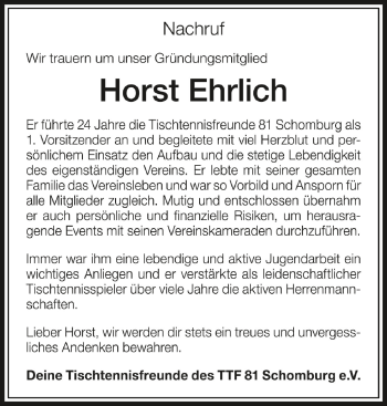 Anzeige von Horst Ehrlich von Schwäbische Zeitung