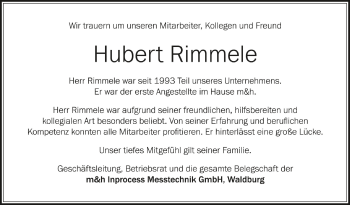 Anzeige von Hubert Rimmele von Schwäbische Zeitung