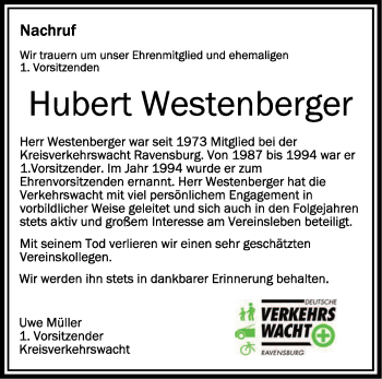 Anzeige von Hubert Westenberger von Schwäbische Zeitung