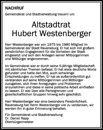 Anzeige von Hubert Westenberger von Schwäbische Zeitung