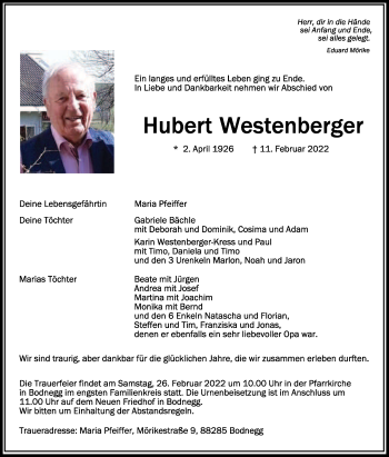 Anzeige von Hubert Westenberger von Schwäbische Zeitung