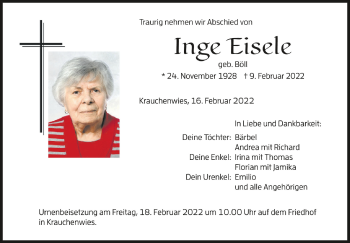 Anzeige von Inge Eisele von Schwäbische Zeitung