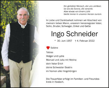 Anzeige von Ingo Schneider von Schwäbische Zeitung