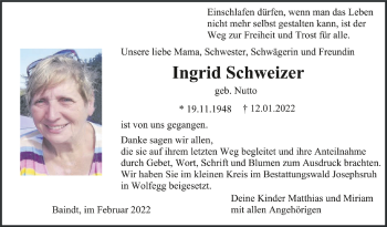 Anzeige von Ingrid Schweizer von Schwäbische Zeitung