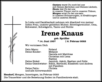 Anzeige von Irene Knaus von Schwäbische Zeitung