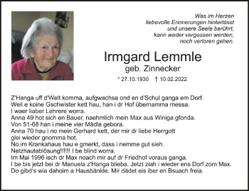 Anzeige von Irmgard Lemmle von Schwäbische Zeitung