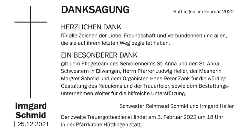  Traueranzeige für Irmgard Schmid vom 01.02.2022 aus Schwäbische Zeitung