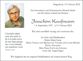 Anzeige von Joachim Kaufmann von Schwäbische Zeitung