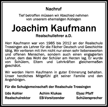 Anzeige von Joachim Kaufmann von Schwäbische Zeitung