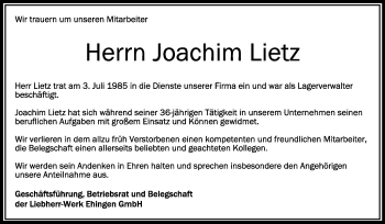 Anzeige von Joachim Lietz von Schwäbische Zeitung