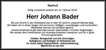 Anzeige von Johann Bader von Schwäbische Zeitung