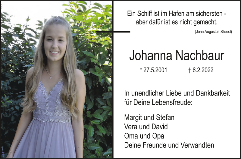  Traueranzeige für Johanna Nachbaur vom 16.02.2022 aus Schwäbische Zeitung