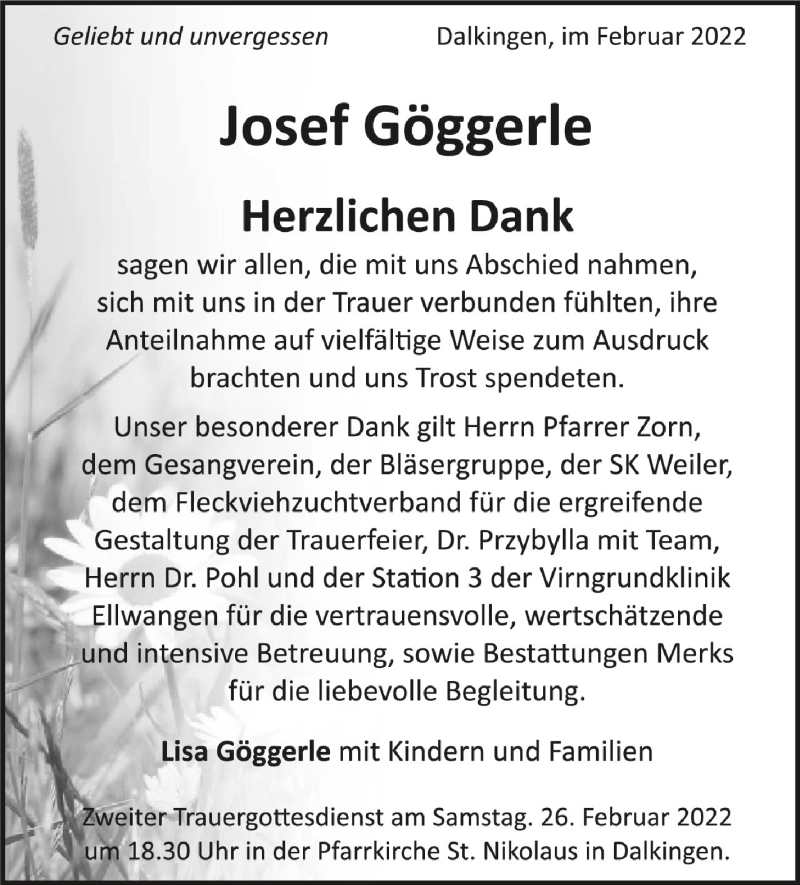  Traueranzeige für Josef Göggerle vom 24.02.2022 aus Schwäbische Zeitung