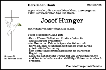 Anzeige von Josef Hunger von Schwäbische Zeitung