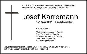 Anzeige von Josef Karremann von Schwäbische Zeitung