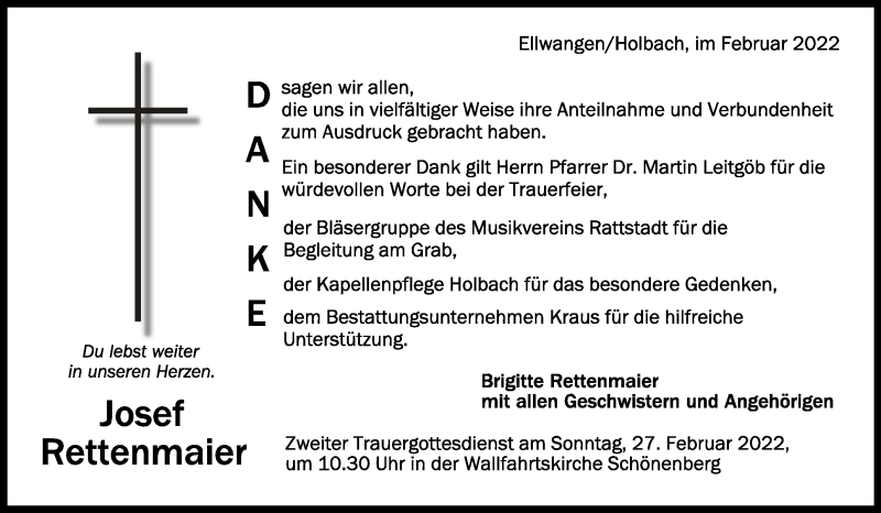  Traueranzeige für Josef Rettenmaier vom 22.02.2022 aus Schwäbische Zeitung