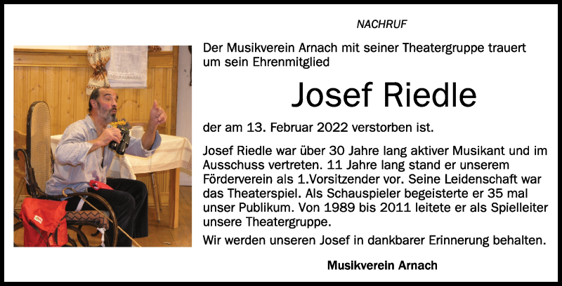 Traueranzeigen Von Josef Riedle Schwaebische De Trauerportal