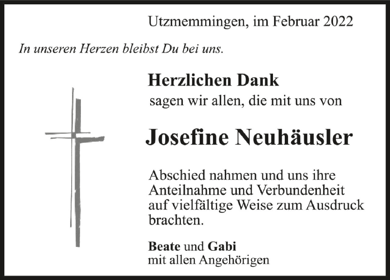  Traueranzeige für Josefine Neuhäusler vom 12.02.2022 aus Schwäbische Zeitung