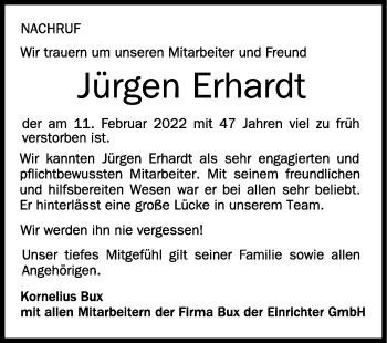 Anzeige von Jürgen Erhardt von Schwäbische Zeitung