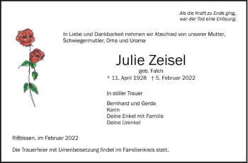 Anzeige von Julie Zeisel von Schwäbische Zeitung