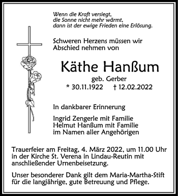 Anzeige von Käthe Hanßum von Schwäbische Zeitung