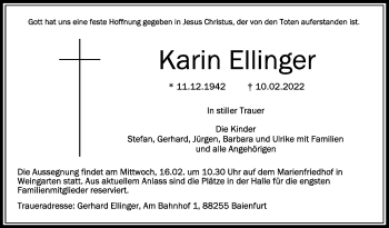 Anzeige von Karin Ellinger von Schwäbische Zeitung