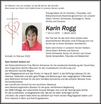 Anzeige von Karin Rogg von Schwäbische Zeitung