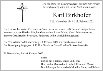 Anzeige von Karl Birkhofer von Schwäbische Zeitung