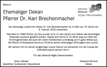 Anzeige von Karl Brechenmacher von Schwäbische Zeitung