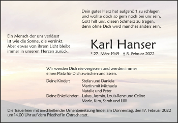 Anzeige von Karl Hanser von Schwäbische Zeitung