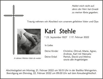 Anzeige von Karl Stehle von Schwäbische Zeitung