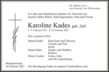 Anzeige von Karoline Kades von Schwäbische Zeitung