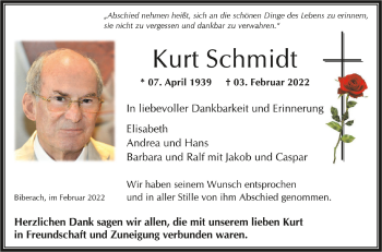 Anzeige von Kurt Schmidt von Schwäbische Zeitung