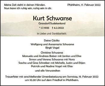 Anzeige von Kurt Schwanse von Schwäbische Zeitung