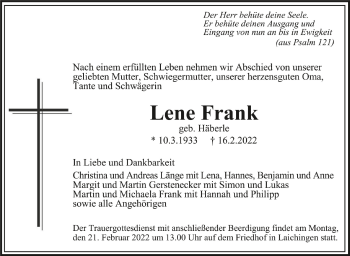 Anzeige von Lene Frank von Schwäbische Zeitung