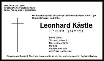 Anzeige von Leonhard Kästle von Schwäbische Zeitung