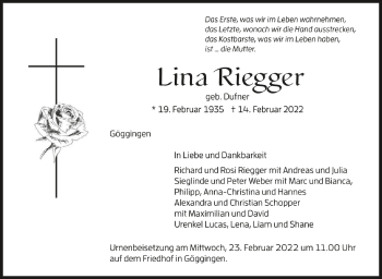 Anzeige von Lina Riegger von Schwäbische Zeitung