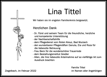 Anzeige von Lina Tittel von Schwäbische Zeitung