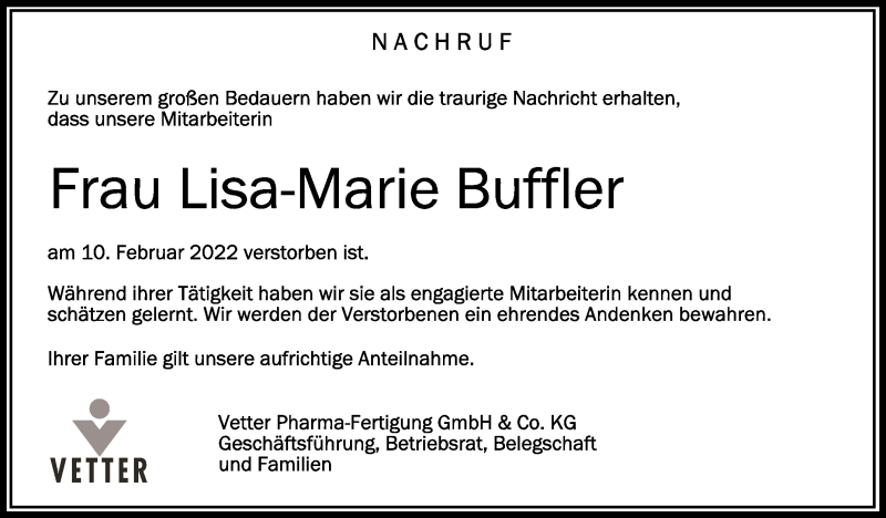  Traueranzeige für Lisa-Marie Buffler vom 26.02.2022 aus Schwäbische Zeitung