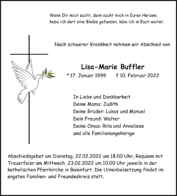 Anzeige von Lisa-Marie Buffler von Schwäbische Zeitung