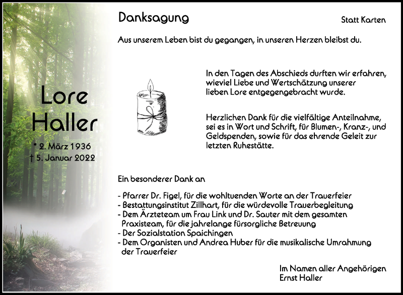  Traueranzeige für Lore Haller vom 26.02.2022 aus Schwäbische Zeitung